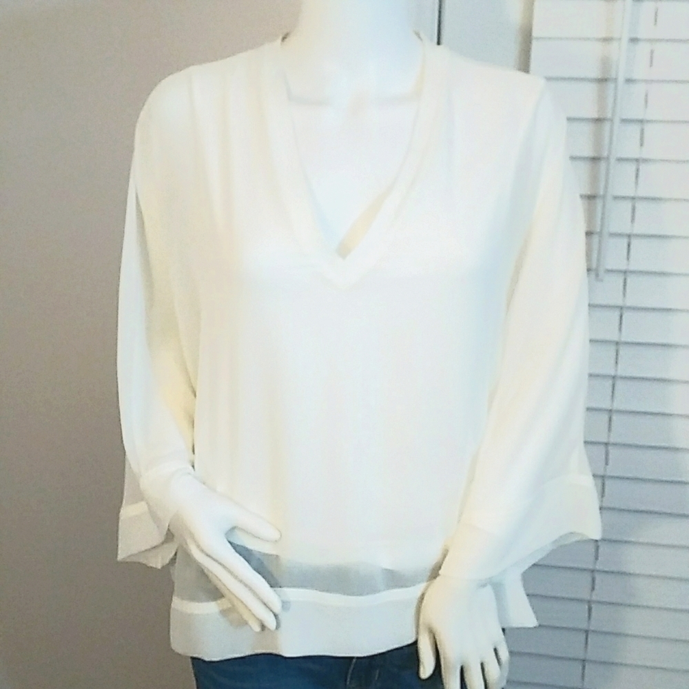 Zara Sz S Women White Sheer Oversize Boxy Wide Sleeves Jersey Knit V Neck Blouse